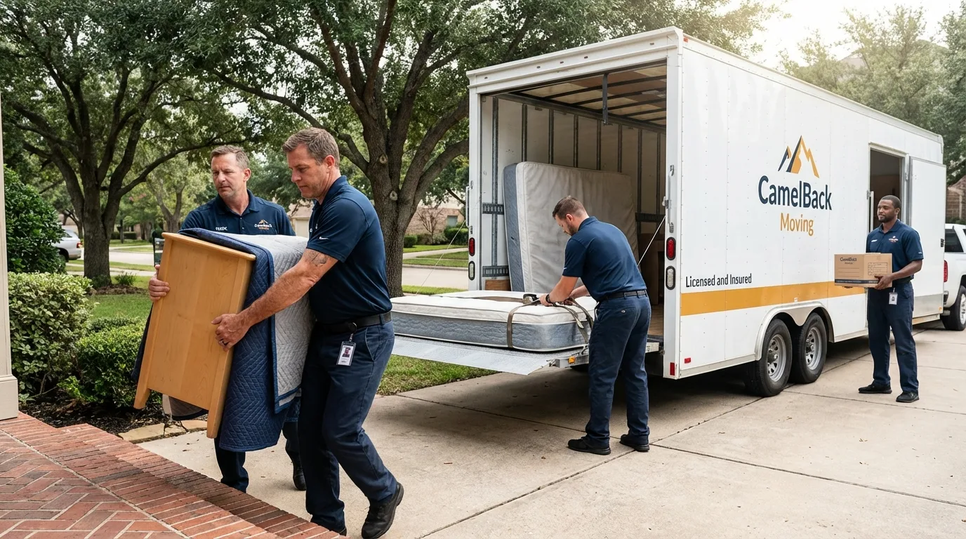 Crew loading residential truck for cross-state move from Angwin, CA
