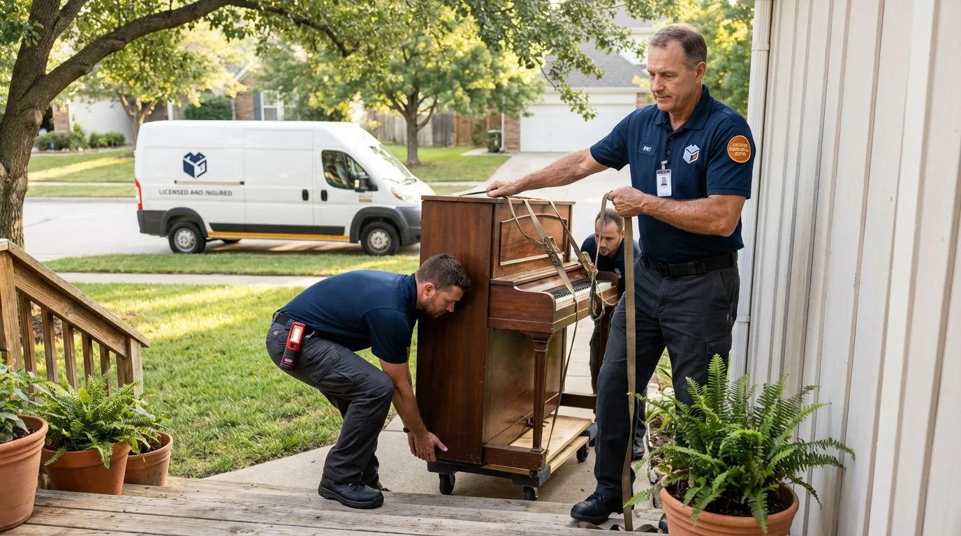 Licensed piano movers securing grand piano in Angwin, CA