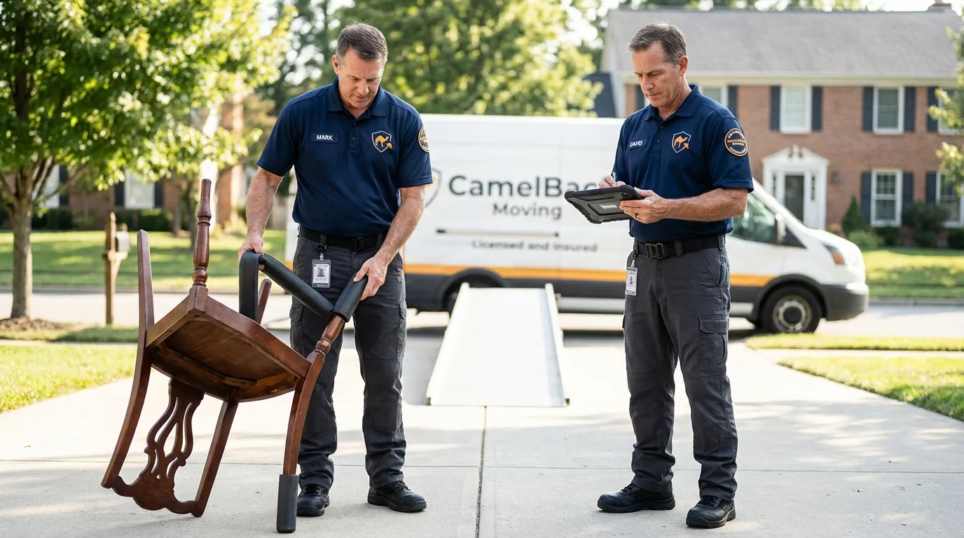 Movers inspecting furniture for damage prevention before loading in Angwin, CA