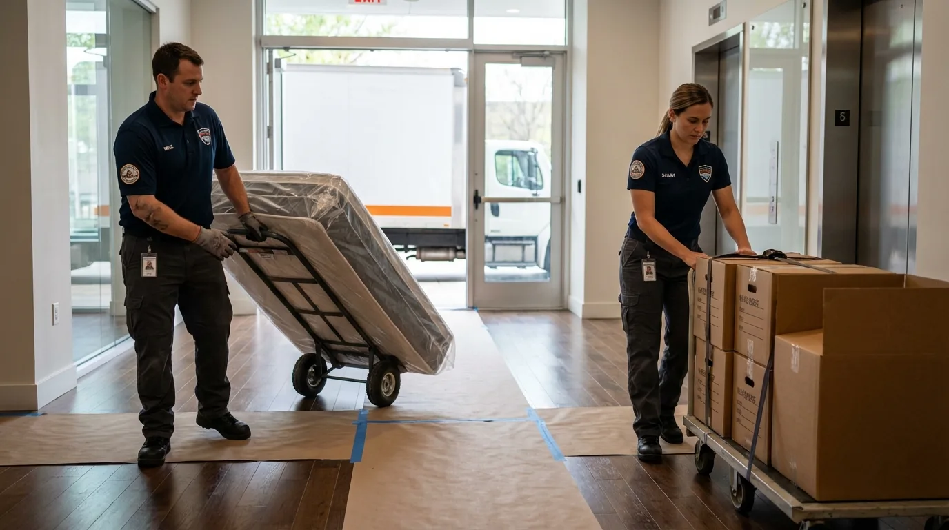 Professional apartment movers loading elevator in Angwin, CA